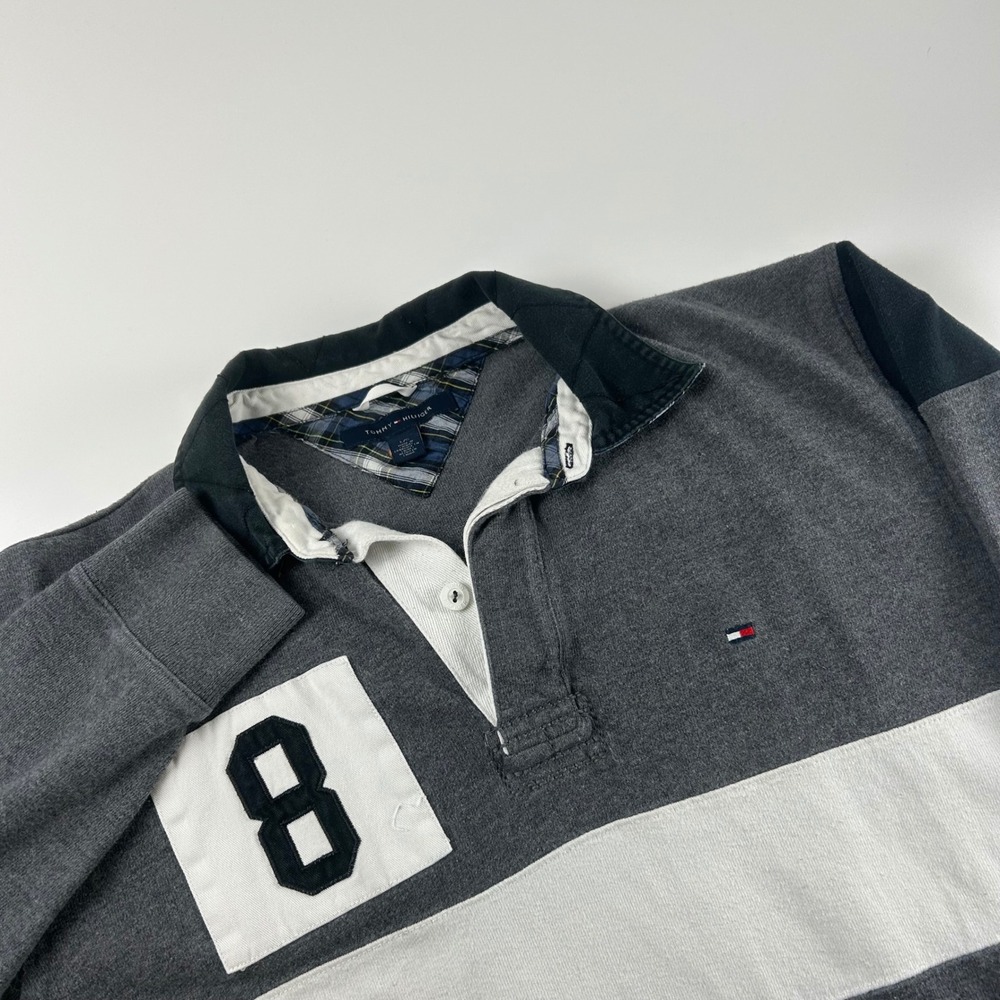 Tommy Hilfiger Mens L Long Sleeve Rugby Shirt Grey Black Colorblock 8 Patch